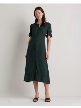 Quince Forest Green Button-Front Midi Dress with Lace Trim